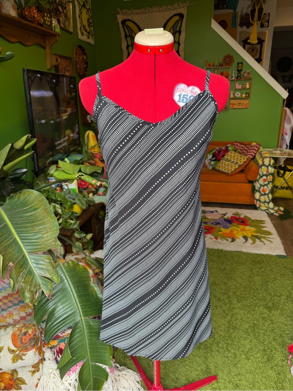 Black & White Striped Slip Dress with Dot Accent